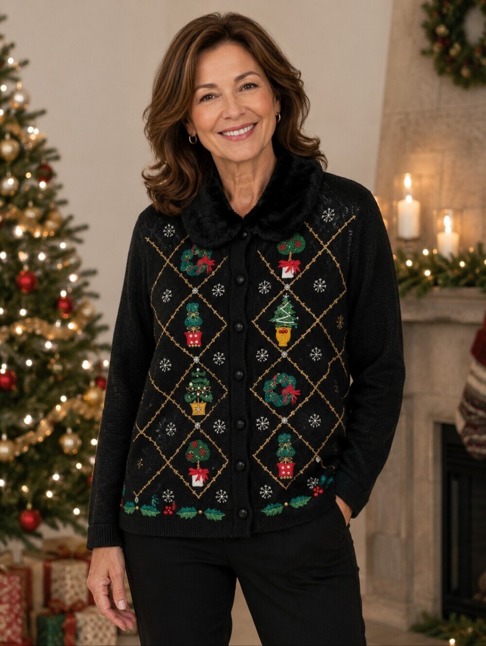 OHI Vintage Christmas Embroidered Cardigan Faux Fur Collar Button Front Size XL